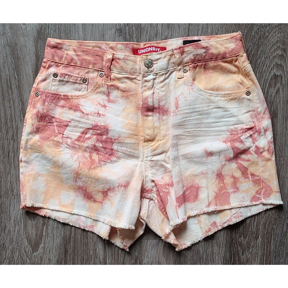 Unionbay High Rise Tie Dye Denim Shorts Raw Hem Pink Orange White Womens Size 7